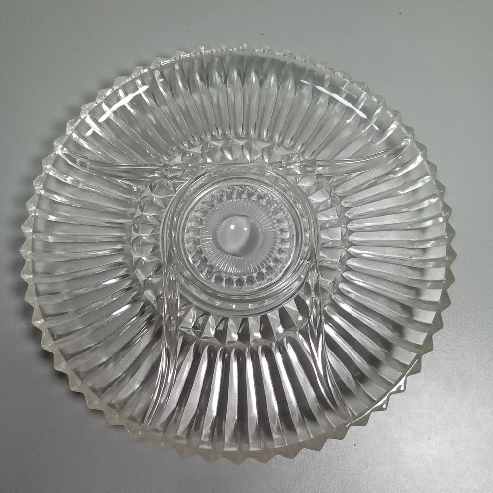 Vintage‎ Clear Pressed Glass Divided Relish Tray Sunburst Sawtooth Rim 11 Inch